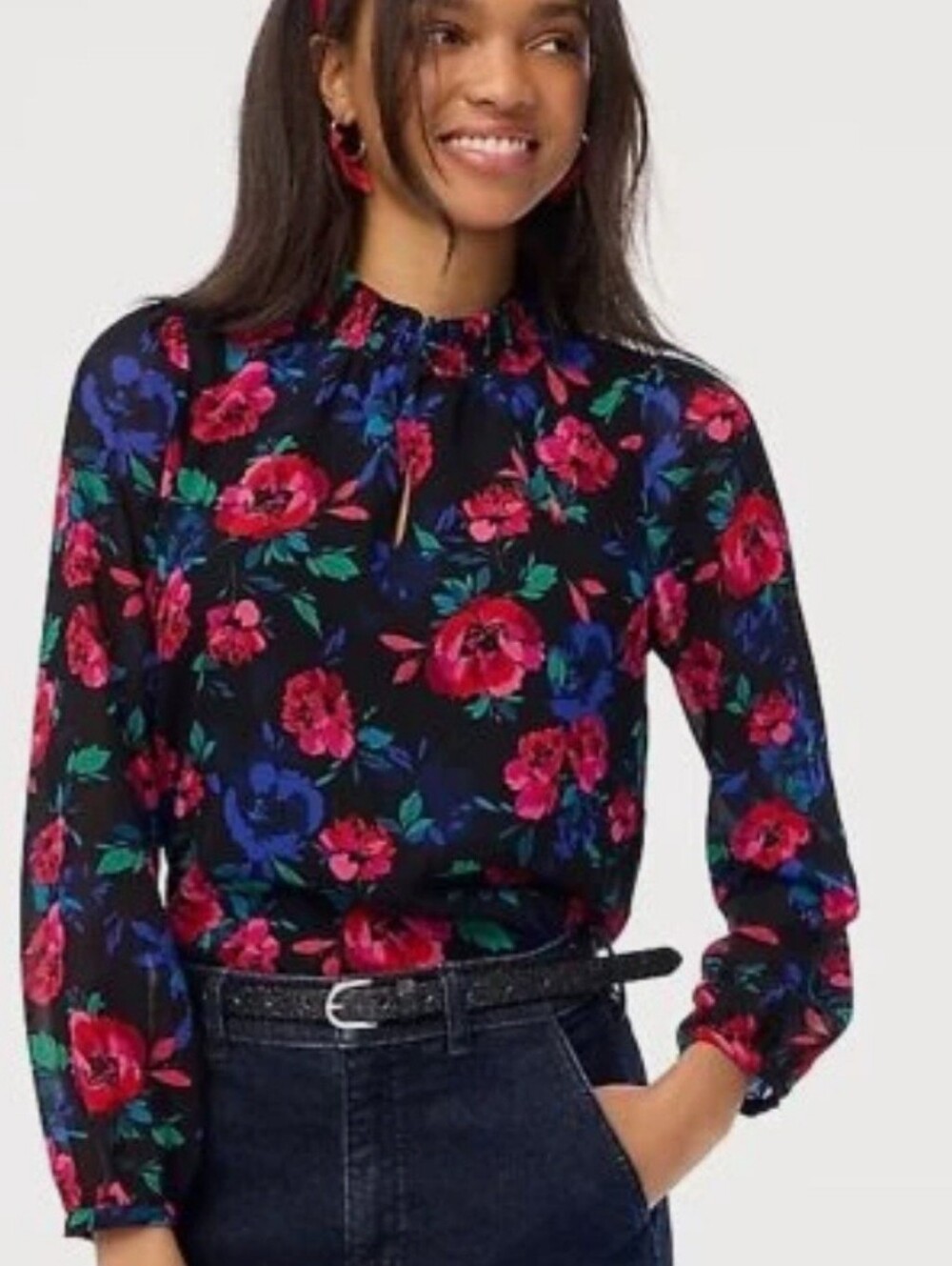 NWT J. Crew Floral Keyhole Ruffle Neck Blouse